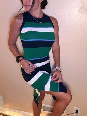 Banana Republic Sleeveless Striped Knit Midi Dress in Green & Navy